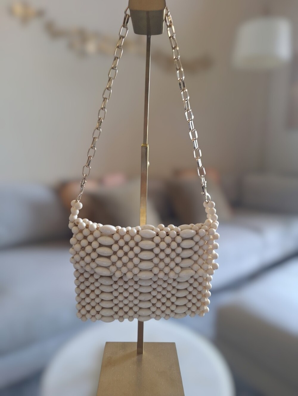 Vintage Preloved Beaded Cream Shoulder Bag with Chain Strap - Made In Hong Kong